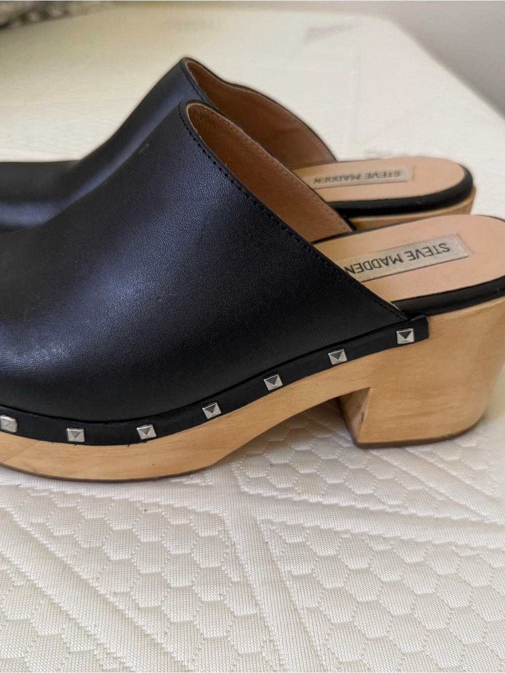 Steve Madden Black Leather Studded Wood Clog Mules